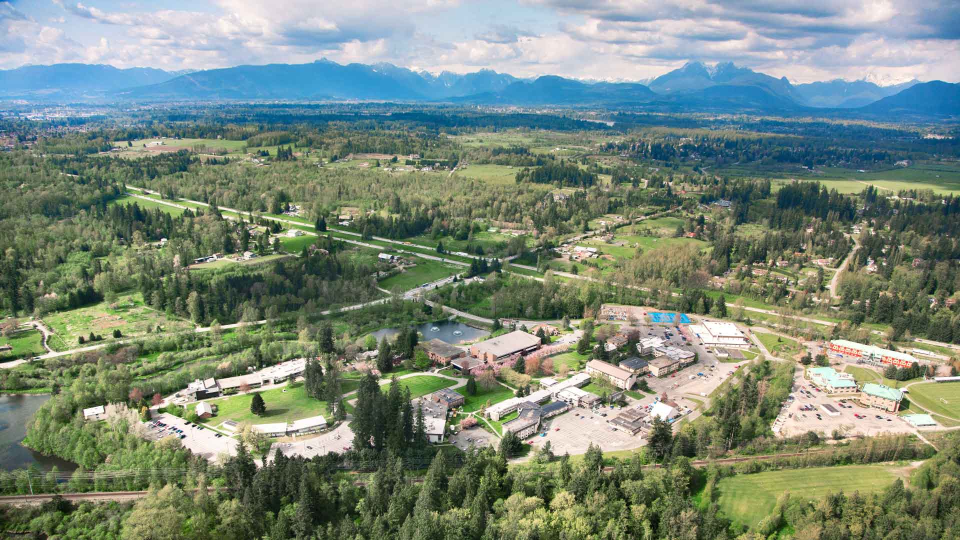 Aerial view of Trinity Western University campus in Langley BC