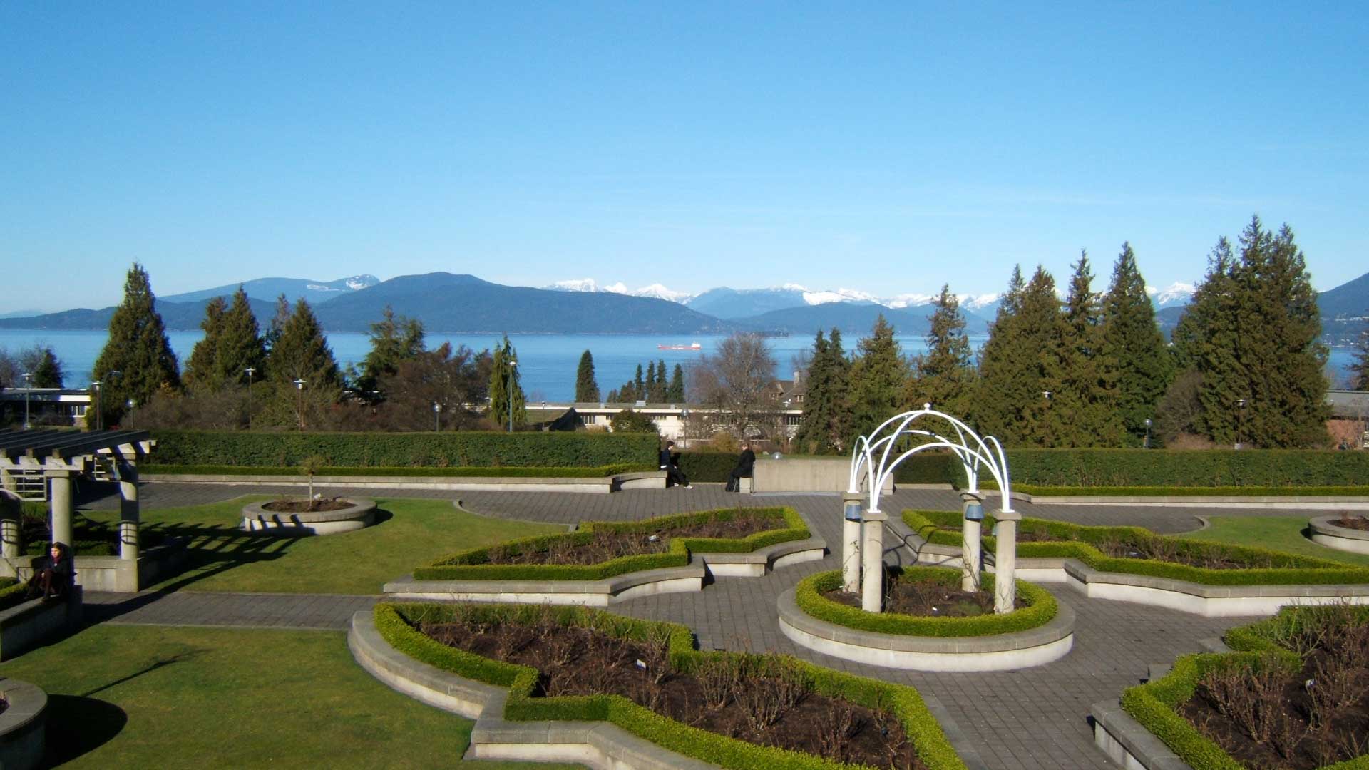 View from UBC's rose garden overlooking the ocean and mountains